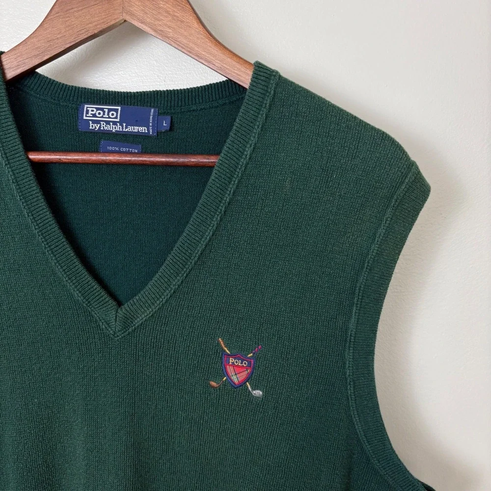 VTG‎ Polo Ralph Lauren Sweater Vest Mens Large Green Golf Crest Knit Cotton FLAW
